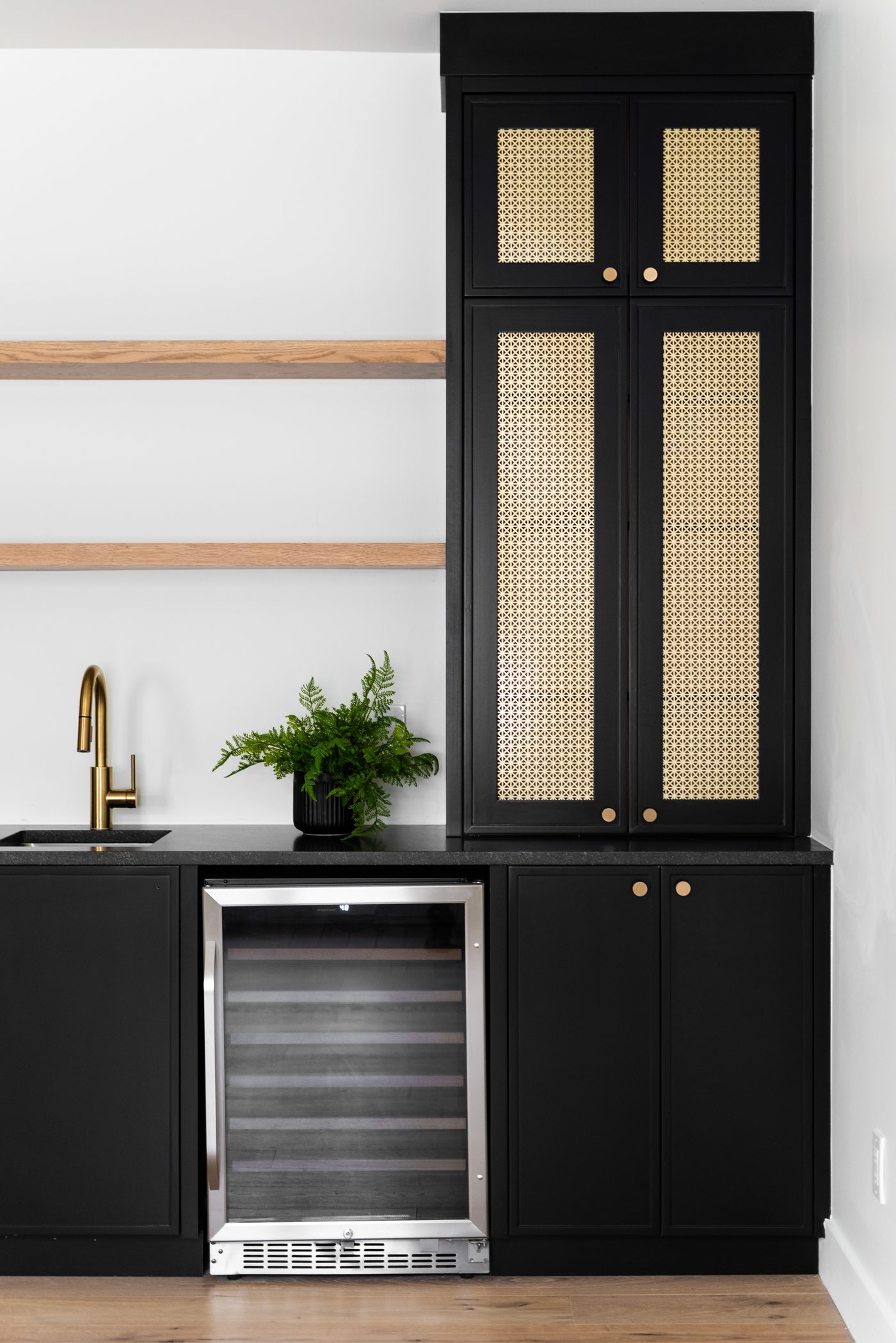 Black cabinetry with built-in wine fridge, Arcadia whole-home remodel