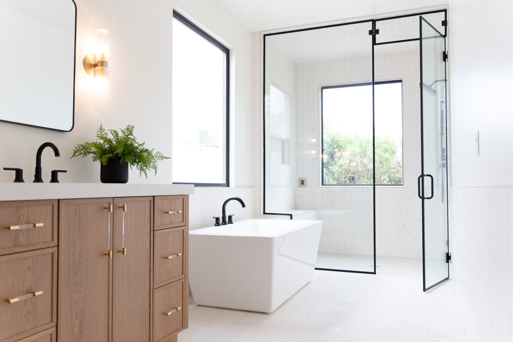 Primary bathroom with glass shower and freestanding tub, Arcadia whole-home remodel