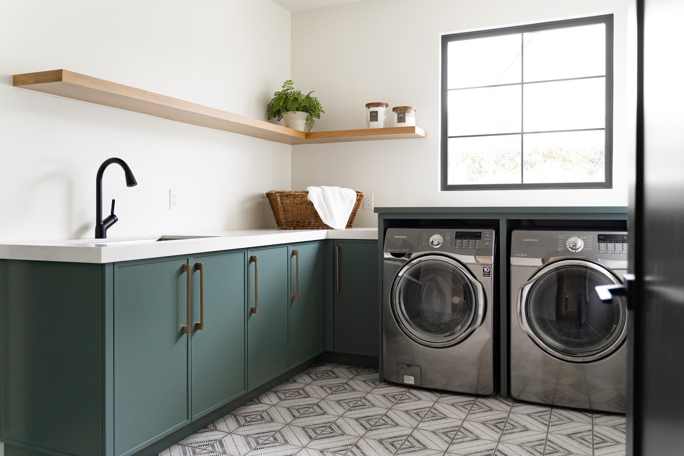 Laundry room with sage green cabinetry, Arcadia whole-home remodel