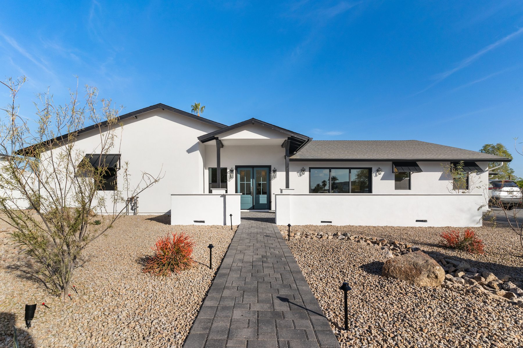 Front exterior with covered entry, Paradise Valley custom home