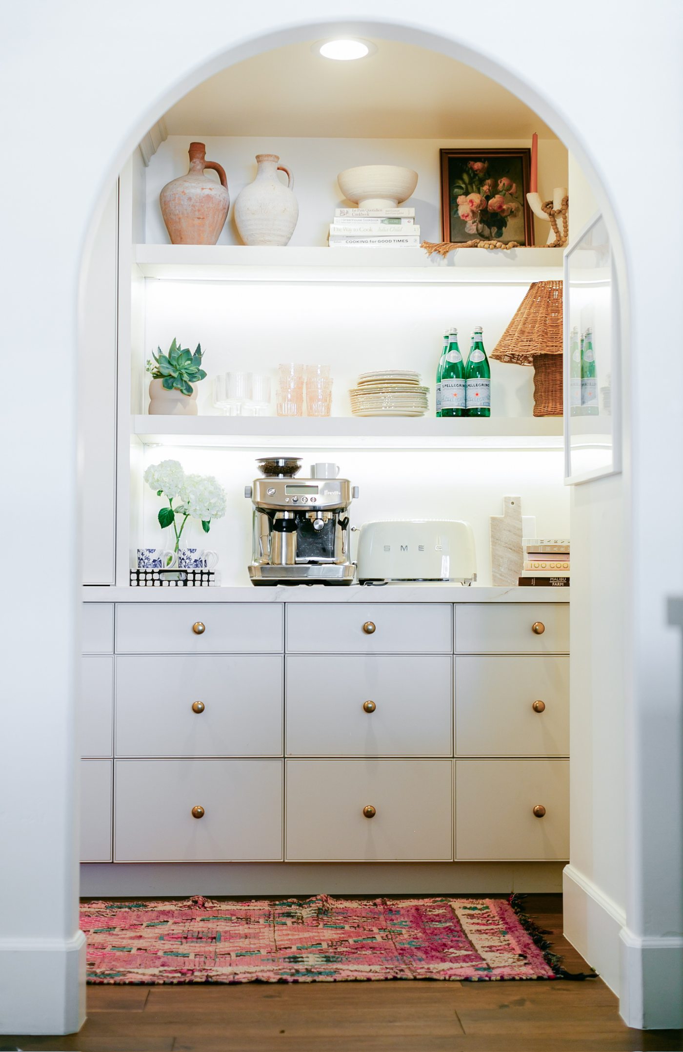 Arched coffee bar niche with open shelving, Scottsdale whole-home remodel