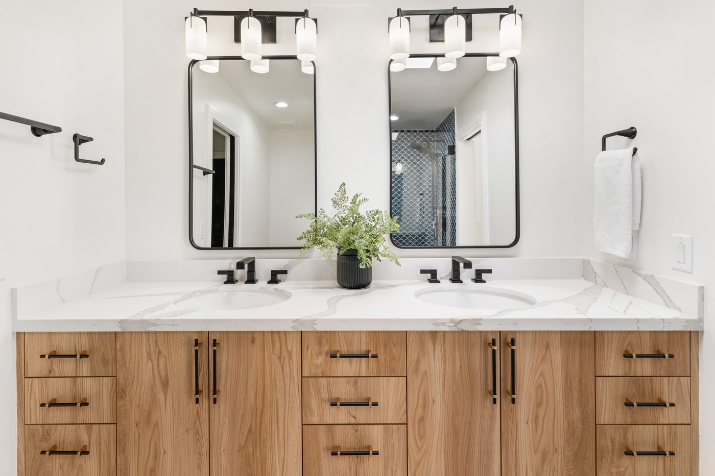 Double vanity bathroom with wood cabinetry, Scottsdale whole-home renovation