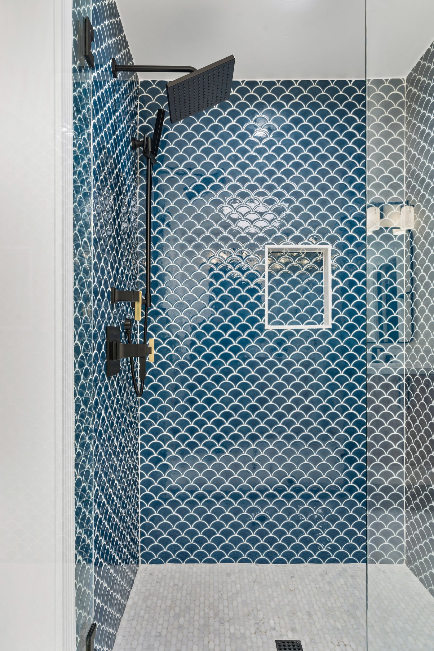 Blue fish-scale tile shower, Scottsdale whole-home renovation