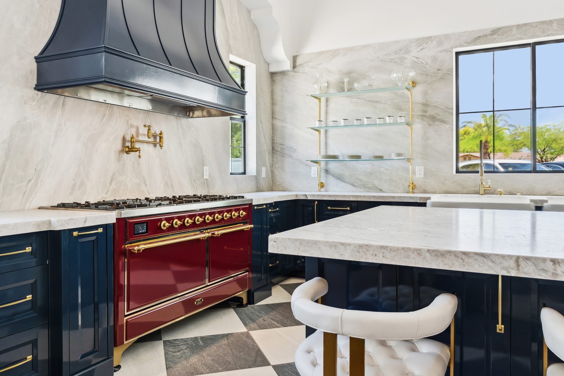 Kitchen with red range and navy hood, Scottsdale whole-home remodel